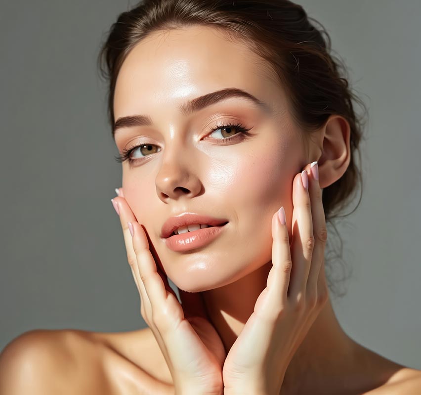 Young woman with fresh skin, face treatment in beauty spa.