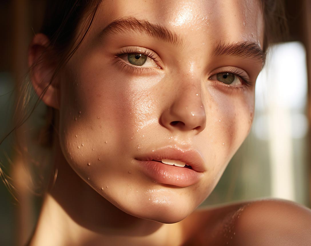A dewy-skinned woman basks in the joy of summer, her beautiful face radiating with wellness by the pool